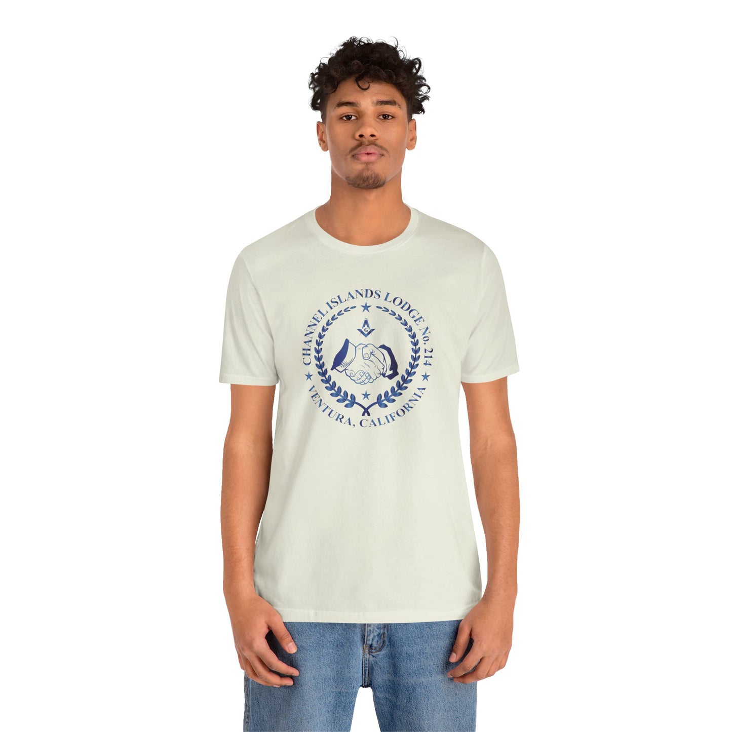 Channel Islands Lodge sapphire gradient short sleeve T-shirt by Printify, featuring a vibrant, colorful design on soft fabric.