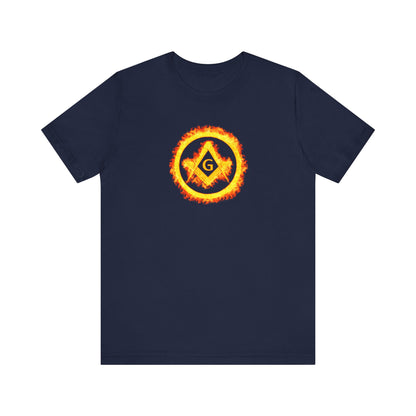 Square and Compass Encircled in Orange Flames Short Sleeve T-Shirt