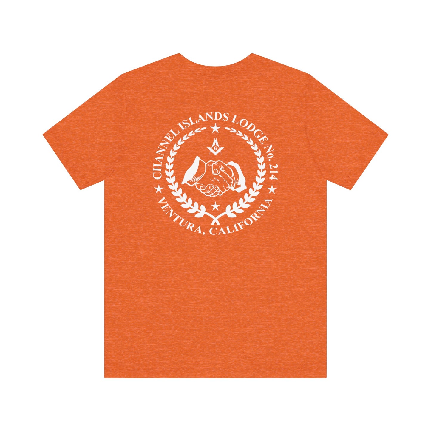Brightly colored Fellowcraft T-Shirt featuring Channel Islands Lodge 214 logo, made by Printify, displayed on a mannequin.
