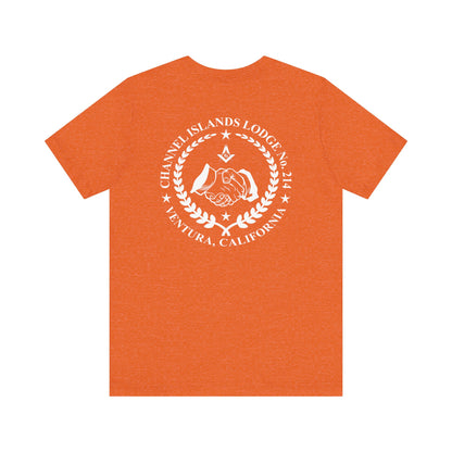 Brightly colored Fellowcraft T-Shirt featuring Channel Islands Lodge 214 logo, made by Printify, displayed on a mannequin.