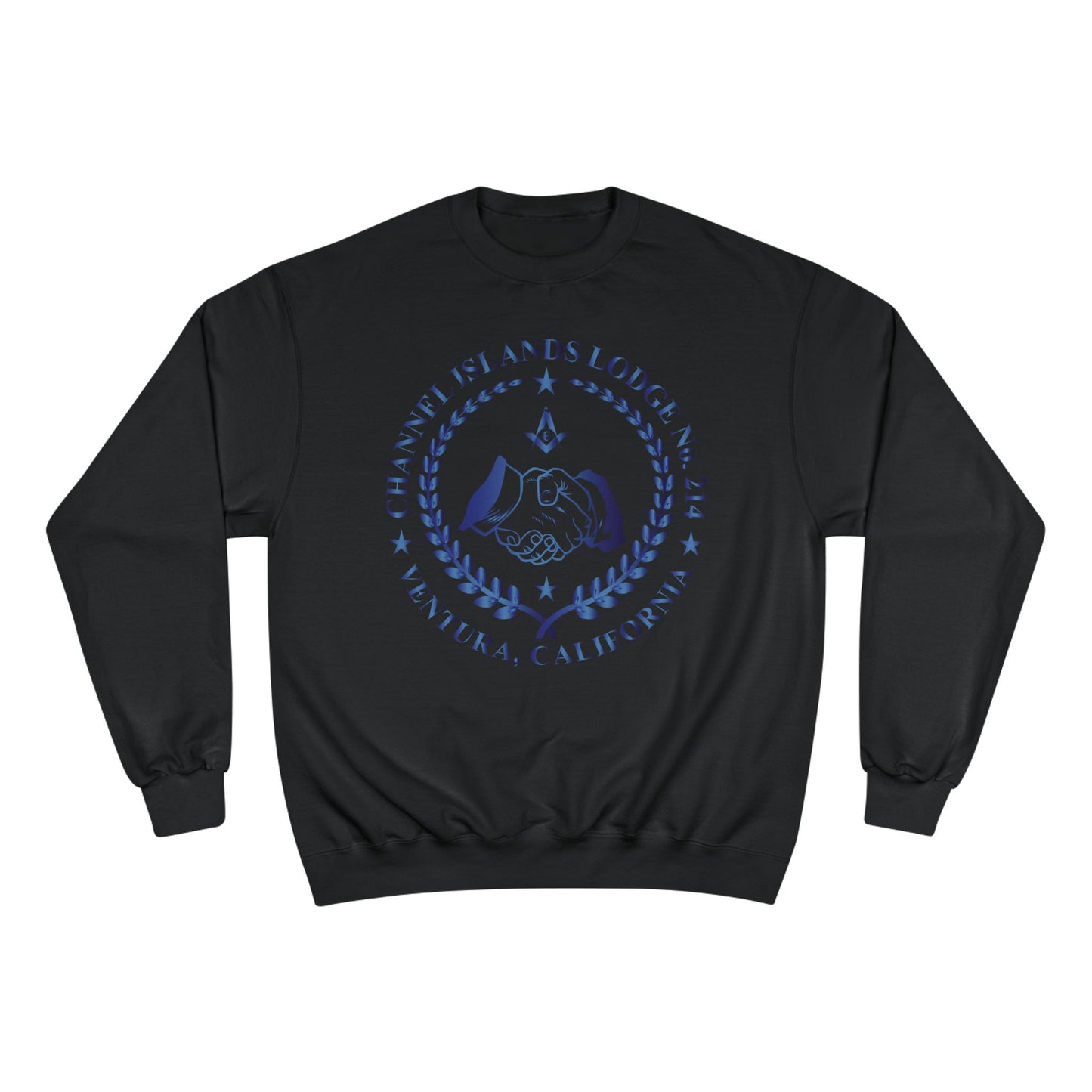 Channel Islands Lodge 214 Champion sweatshirt by Printify in sapphire with logo, featuring a comfortable fit and casual style.