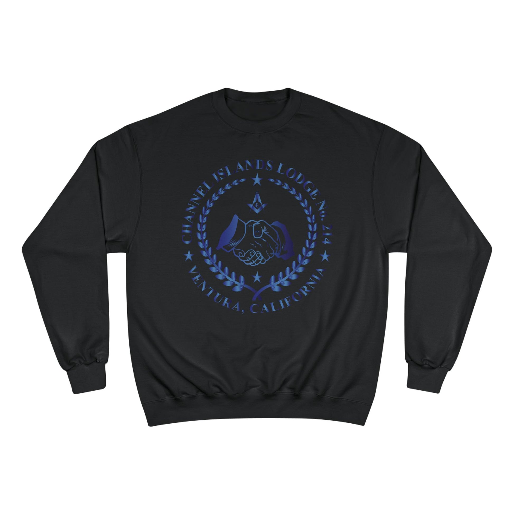 Channel Islands Lodge 214 Champion sweatshirt by Printify in sapphire with logo, featuring a comfortable fit and casual style.