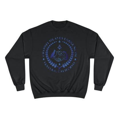 Channel Islands Lodge 214 Champion sweatshirt by Printify in sapphire with logo, featuring a comfortable fit and casual style.