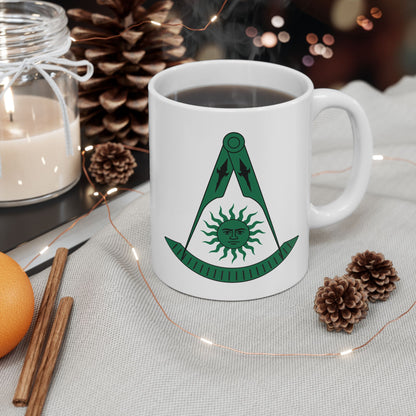 Two-Sided Past Master Ceramic Mug - Compass & Quadrant (Green, Sun with Face, Spearhead)