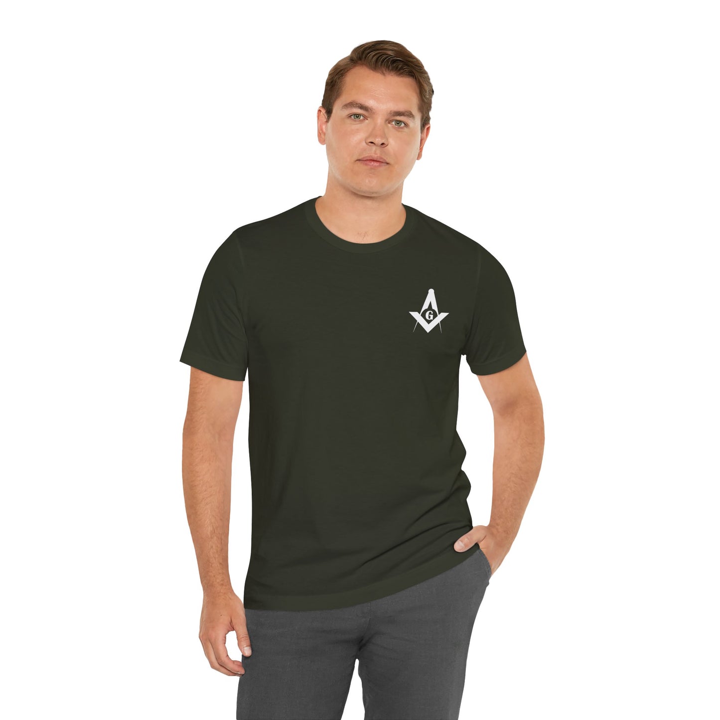 Dark-colored Entered Apprentice T-shirt from Channel Islands Lodge 214 by Printify, featuring lodge logo and design on front.
