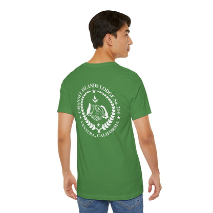 Blue and green Entered Apprentice T-Shirt featuring Channel Islands Lodge 214 logo, made by Printify, with detailed lodge emblem.