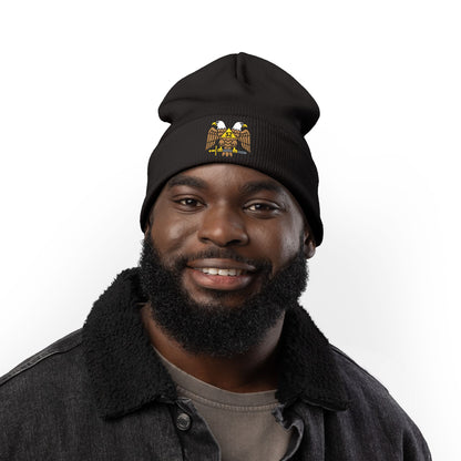 Scottish Rite embroidered knit beanie hat with detailed embroidery, made by Printify, featuring a cozy, warm design for cold weather.