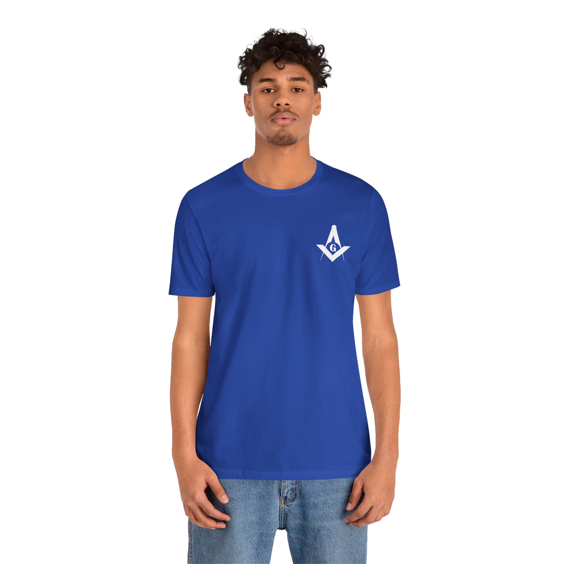 Blue and green Entered Apprentice T-shirt from Channel Islands Lodge 214, featuring lodge emblem and detailed design.