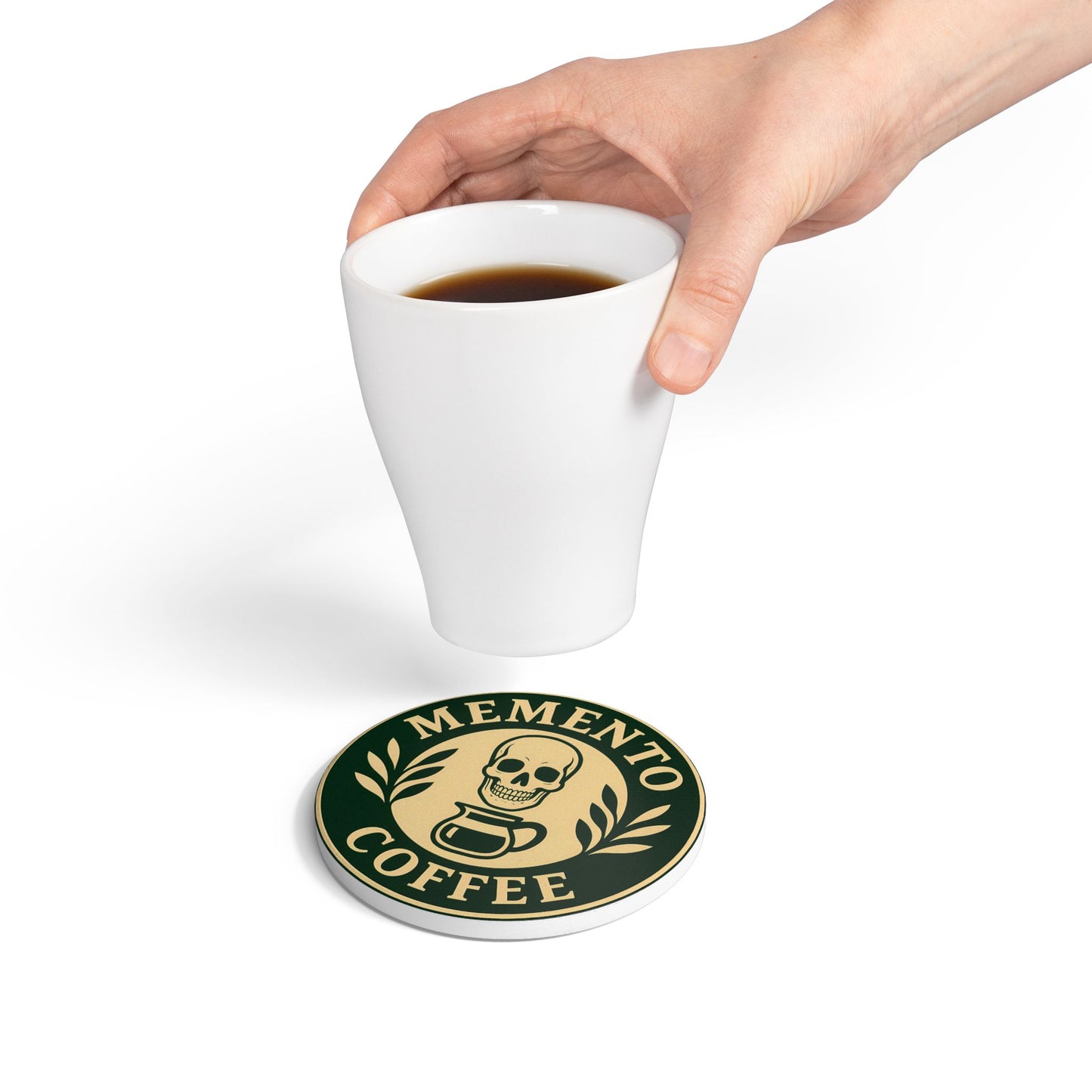 "Memento Coffee" Ceramic Coaster - Acacia (Green/Tan, Round, 1 Unit)