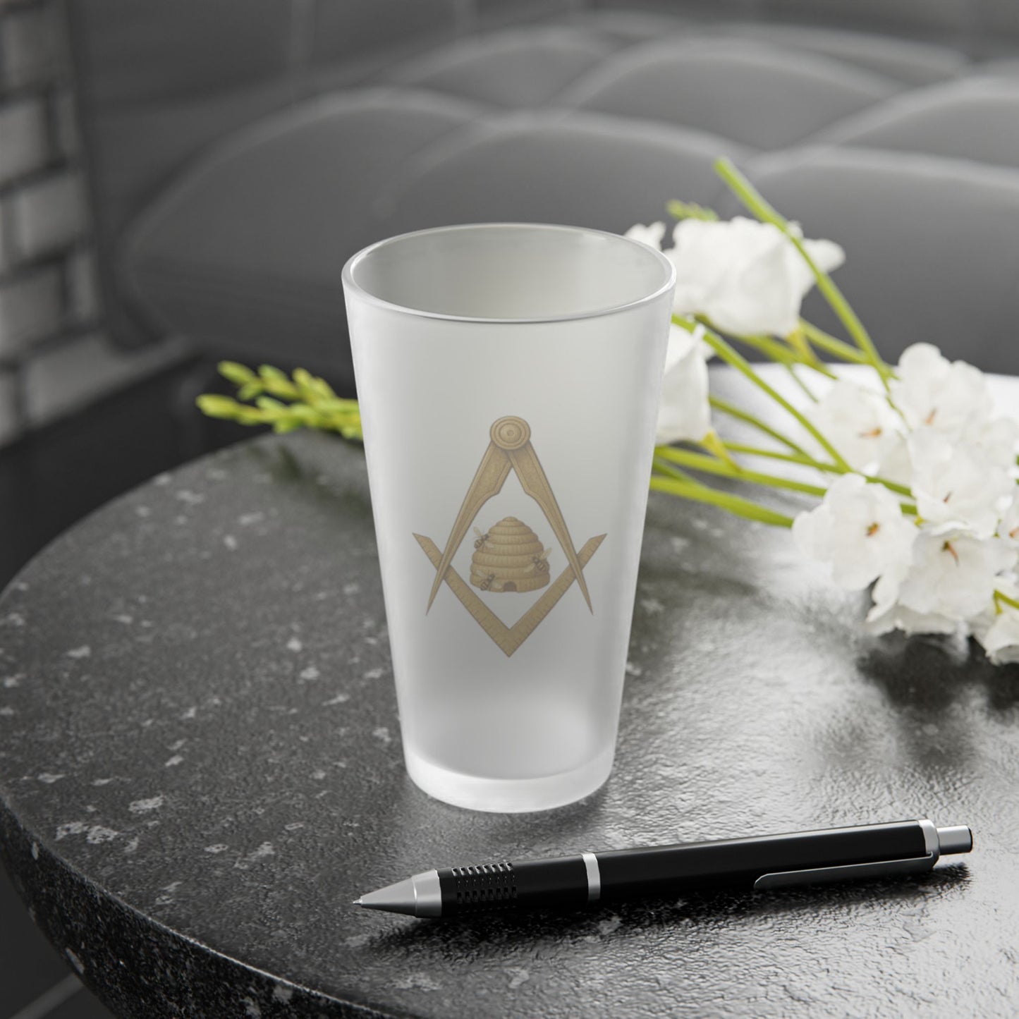 Beehive Square and Compass Frosted Pint Glass (16oz)