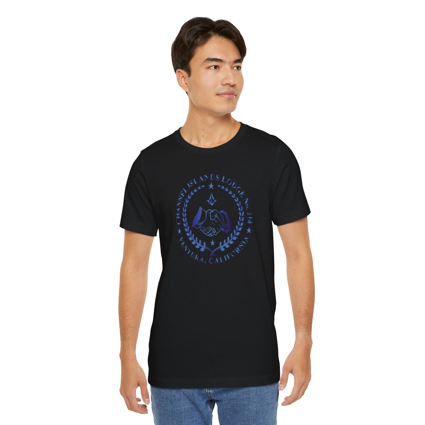 Channel Islands Lodge 214 short sleeve T-shirt in sapphire gradient, made by Printify, featuring a casual, colorful design.