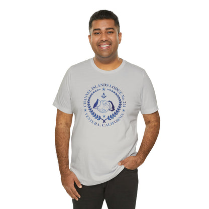 Channel Islands Lodge sapphire gradient short sleeve T-shirt by Printify, featuring a comfortable fit and vibrant design.