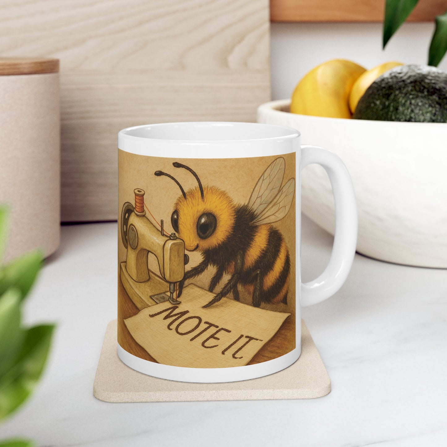 "Sew Mote It Bee" Ceramic Mug - Vintage Illustration (Wrapped)