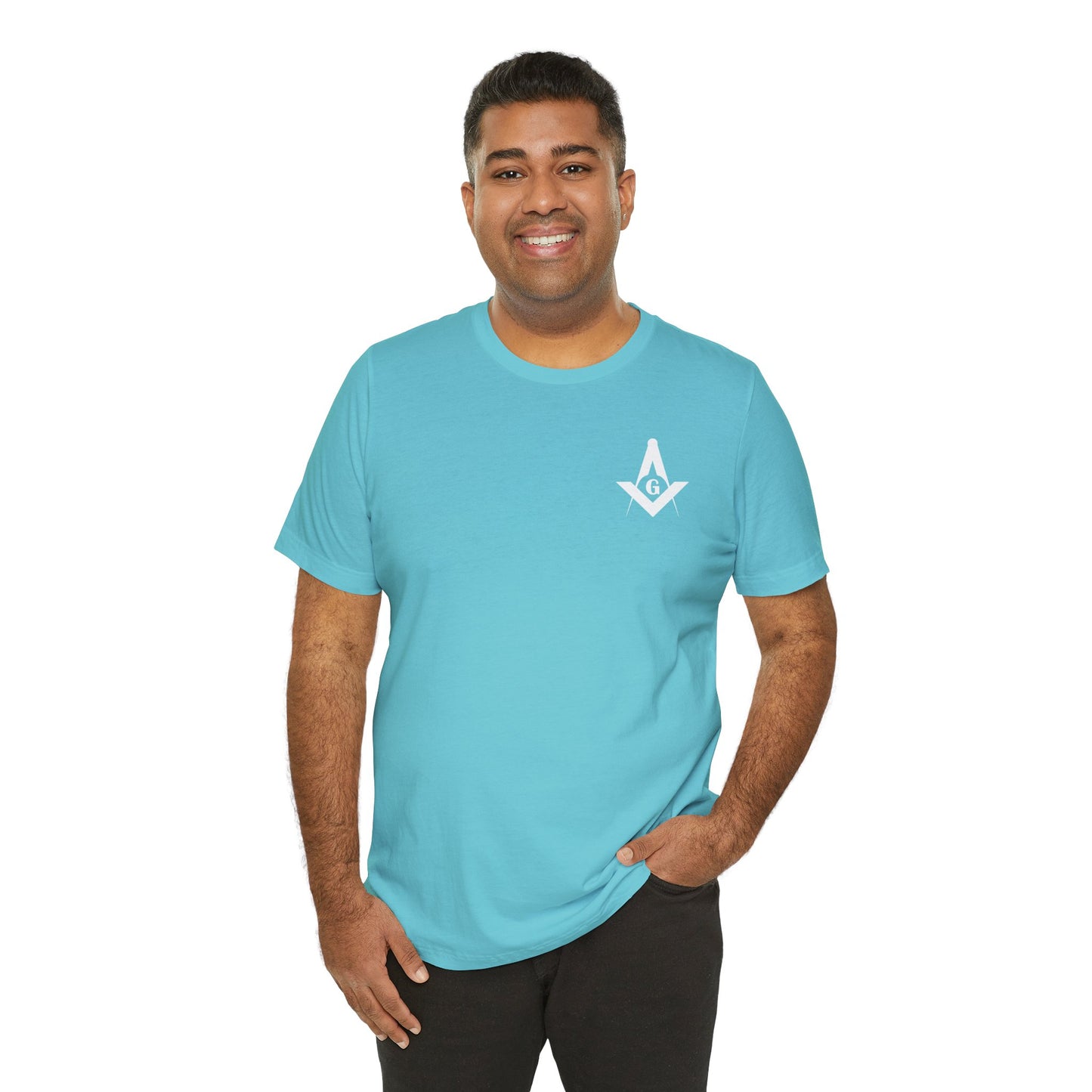 Entered Apprentice T-Shirt by Printify featuring Channel Islands Lodge 214 in blue and green colors, displayed on a plain background.