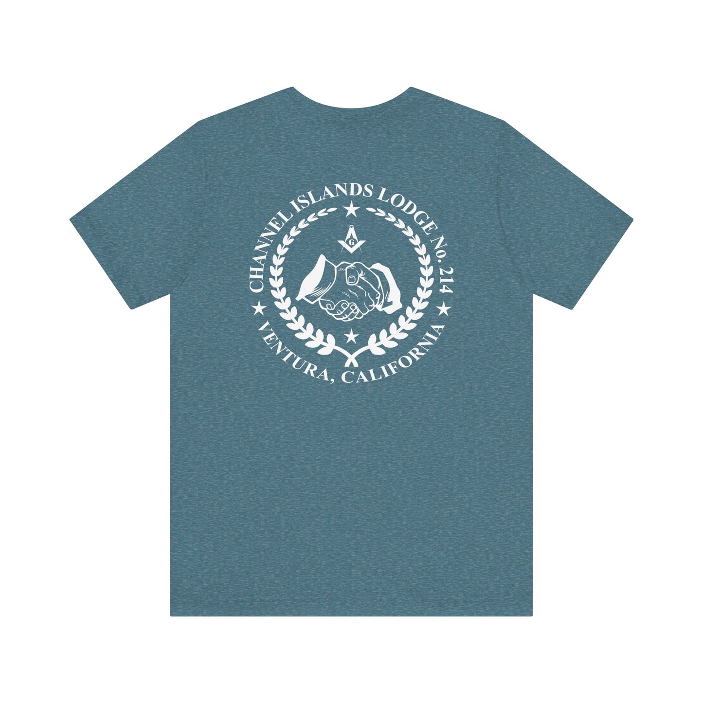 Printify Channel Islands Lodge 214 short sleeve T-shirt with blue and green design, casual wear for men and women.