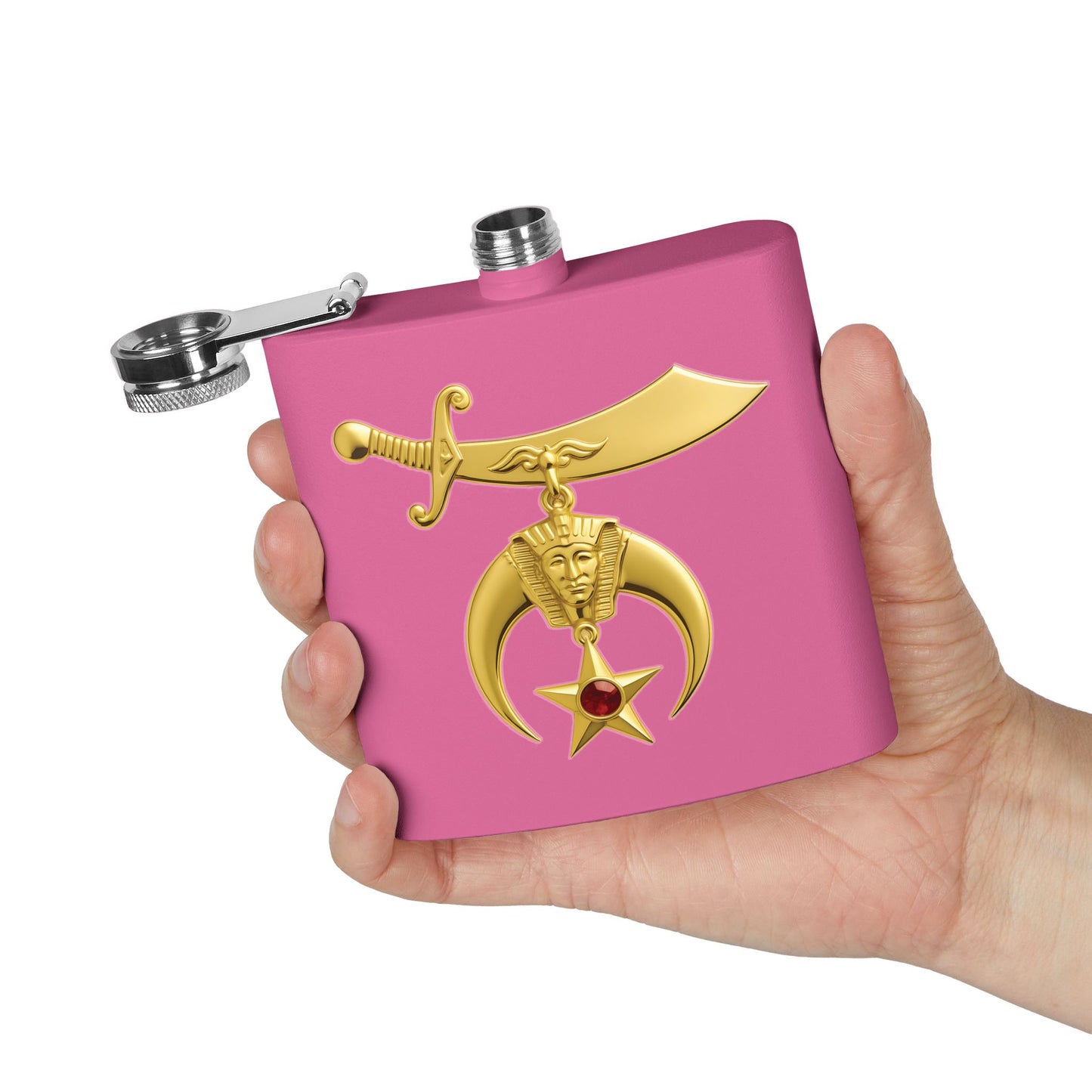 Shriner Stainless Steel Flask - Jeweled Gold Emblem
