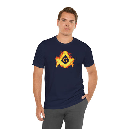 Flaming Square and Compass Short Sleeve T-Shirt - Orange Flames