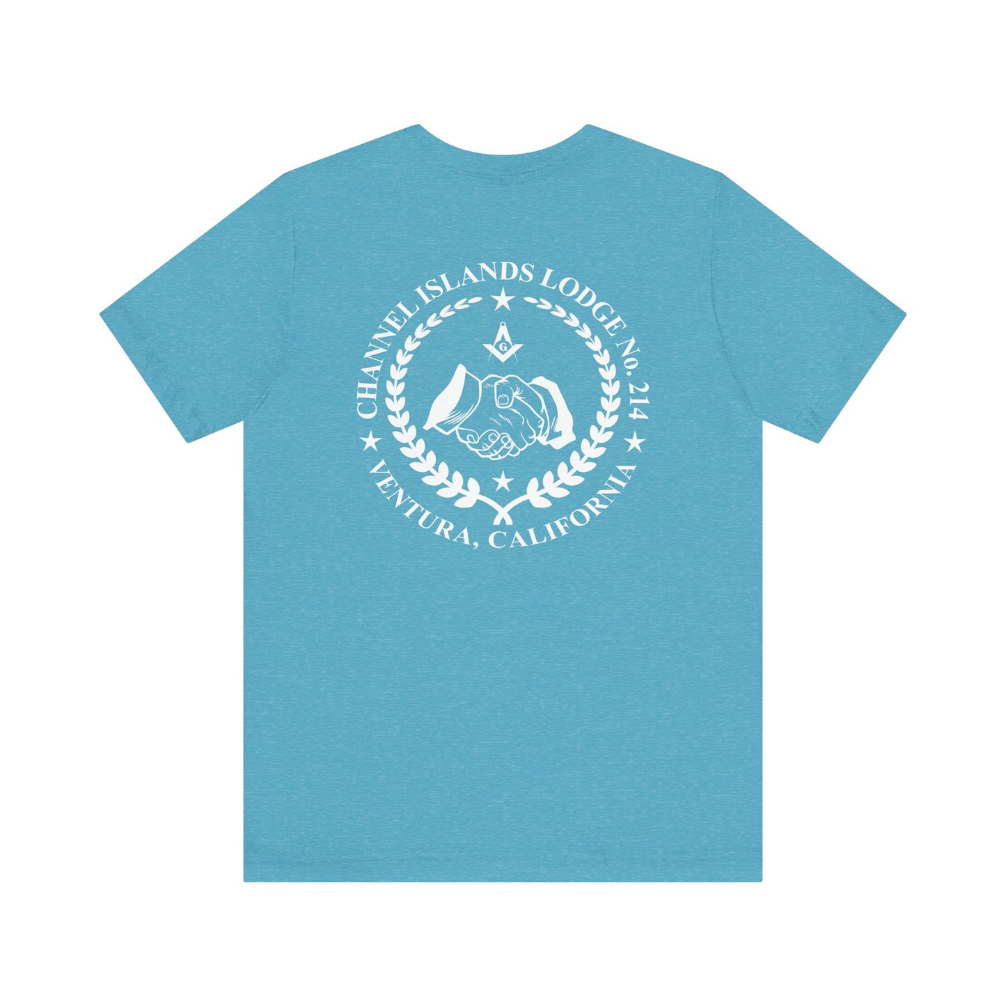 Channel Islands Lodge short sleeve T-shirt by Printify featuring blue and green color blocks with lodge graphic design.