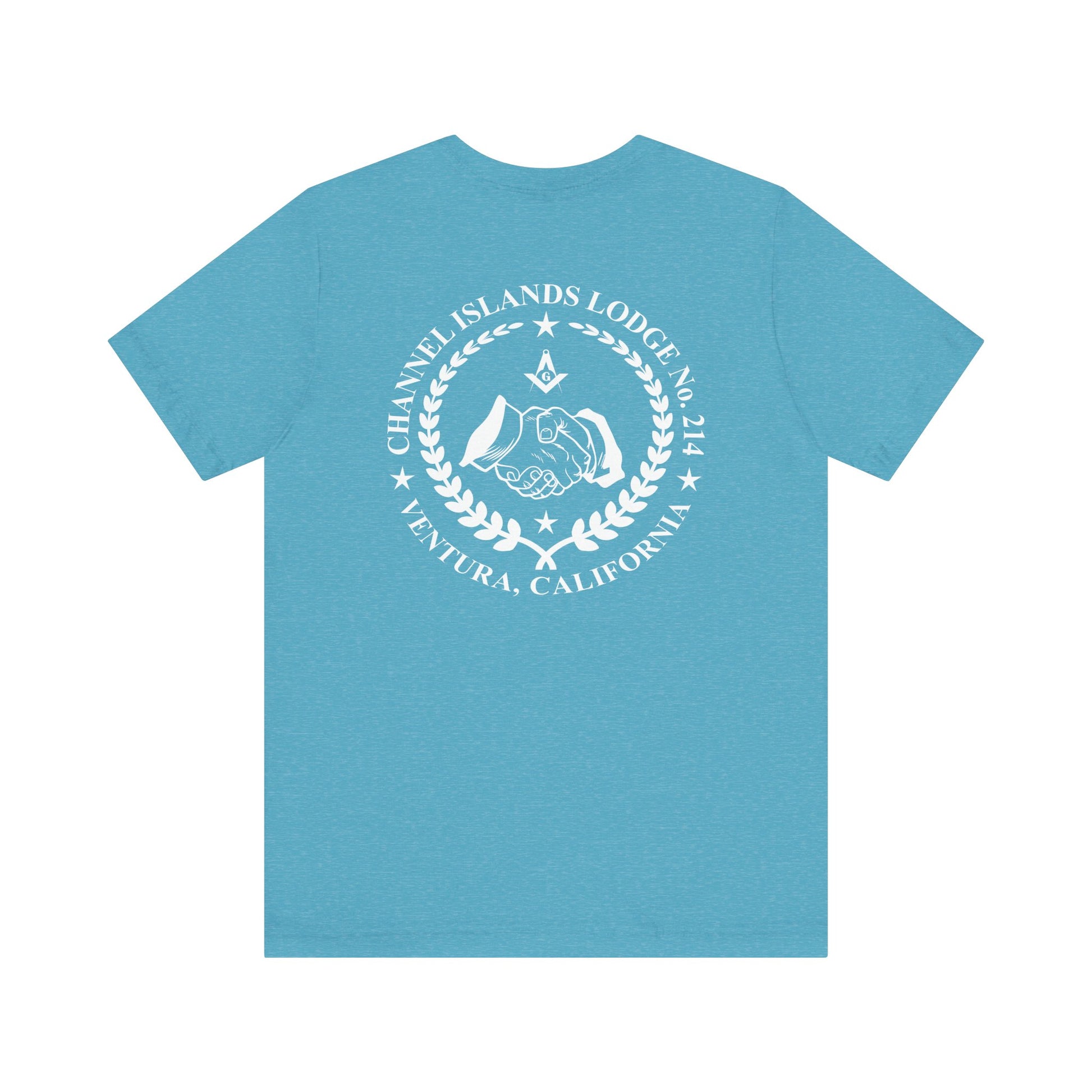 Channel Islands Lodge short sleeve T-shirt by Printify featuring blue and green color blocks with lodge graphic design.