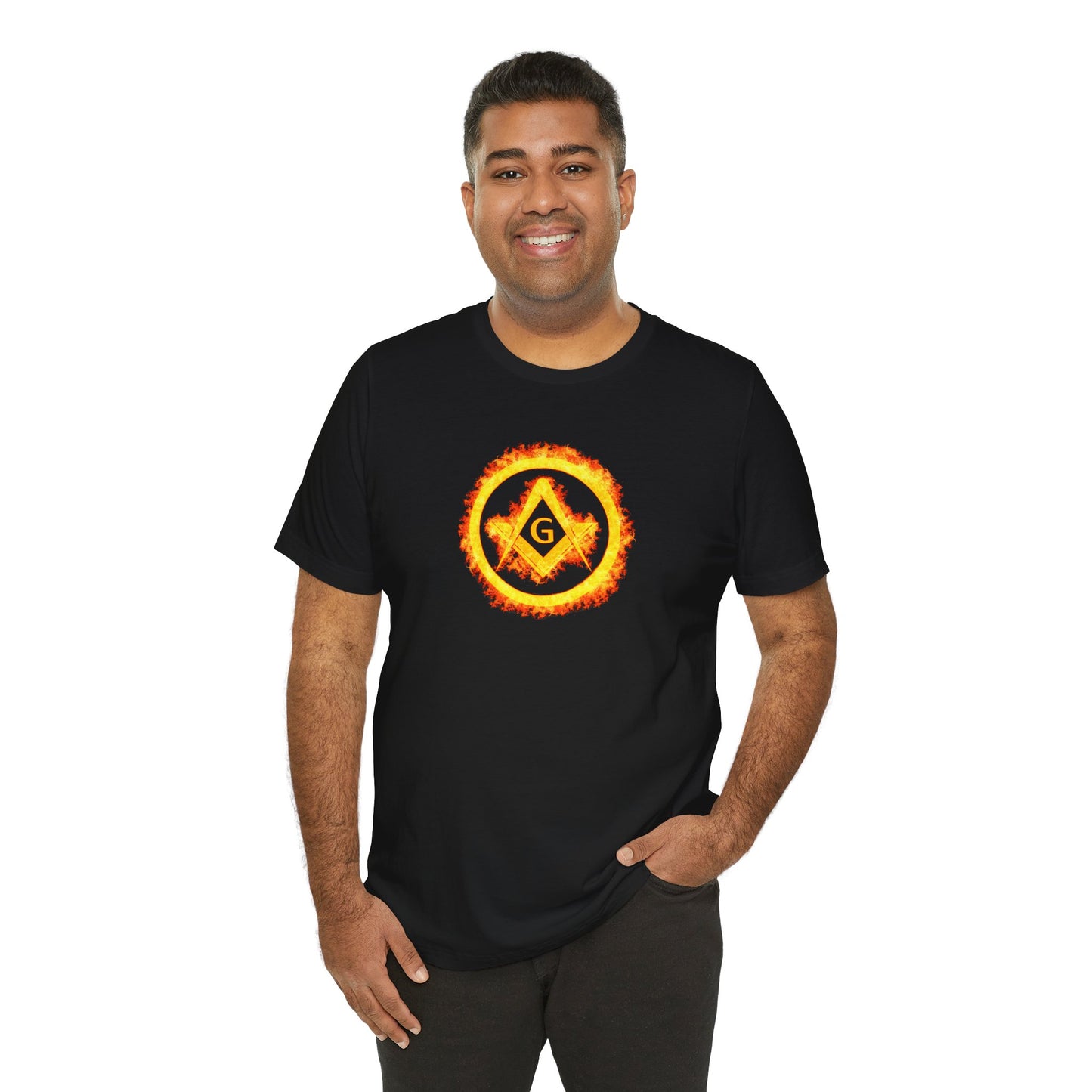 Square and Compass Encircled in Orange Flames Short Sleeve T-Shirt