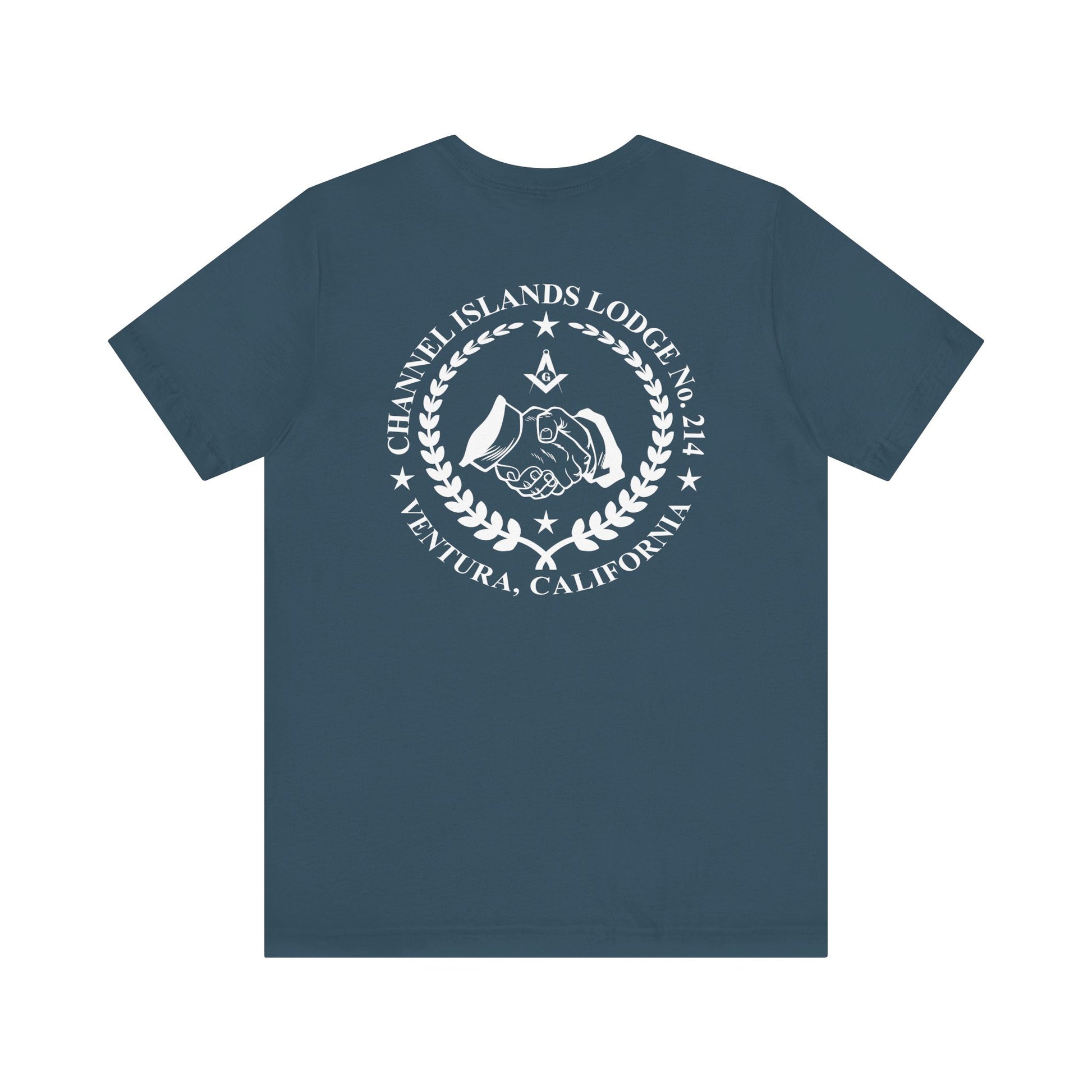 Blue and green Entered Apprentice T-Shirt from Channel Islands Lodge 214 with lodge emblem, printed by Printify.