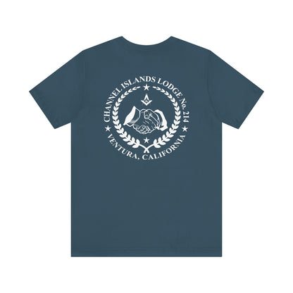 Blue and green Entered Apprentice T-Shirt from Channel Islands Lodge 214 with lodge emblem, printed by Printify.