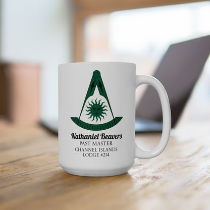 Personalized Past Master Mug - Compass & Quadrant (Green, Sun with Face, Spearhead)