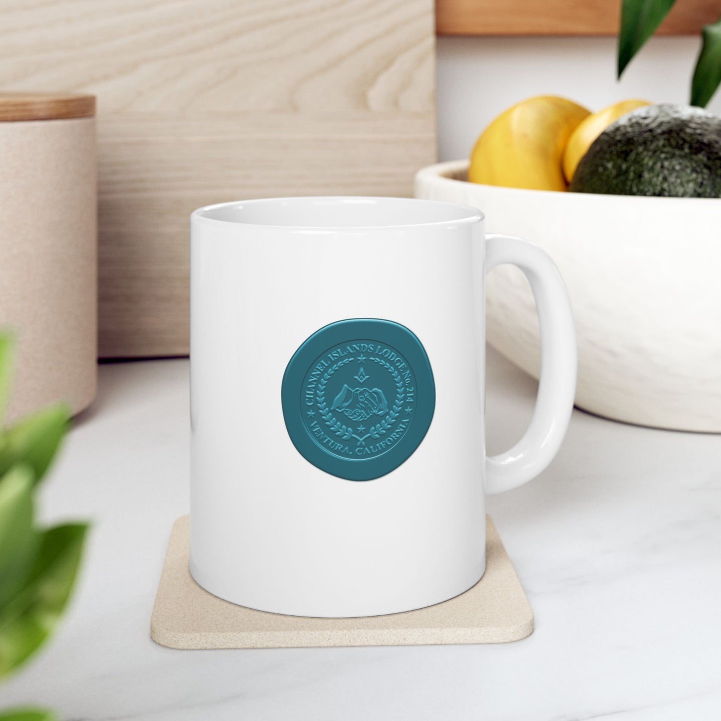 White ceramic mug with a custom wax seal emblem design for Channel Islands Lodge, available in 11oz and 15oz sizes.