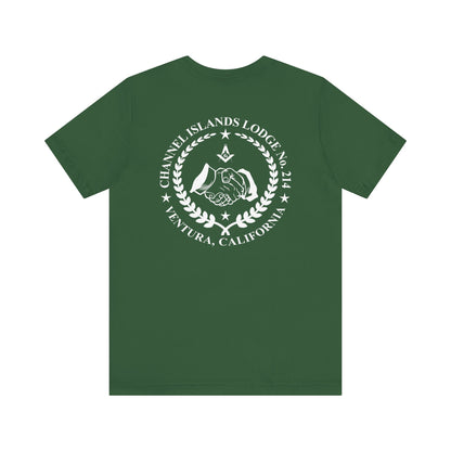 Blue and green Entered Apprentice T-shirt with Channel Islands Lodge 214 logo, printed by Printify.