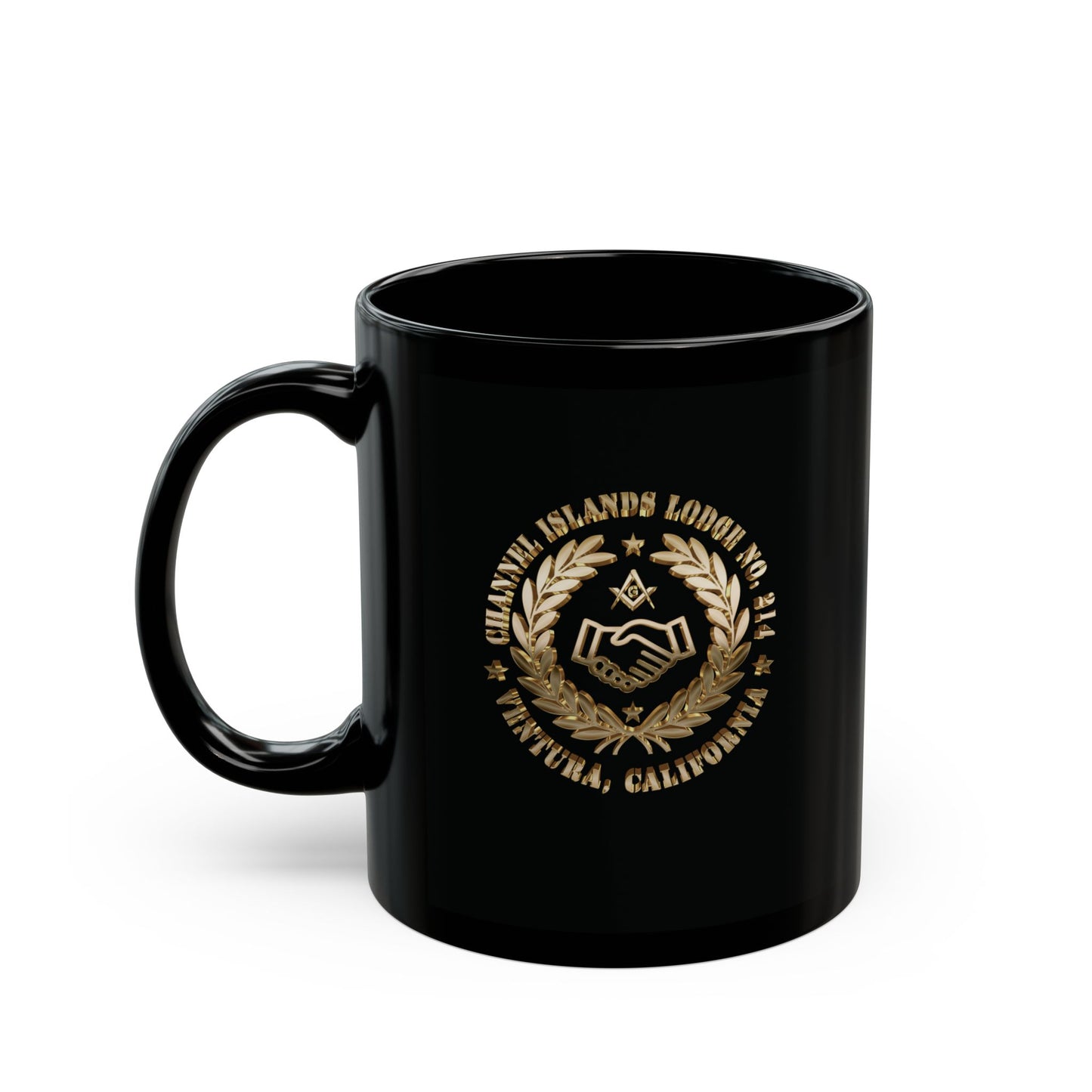 Black coffee mug featuring a 3D gold, 2-sided Channel Islands Lodge emblem, available in 11oz and 15oz sizes.