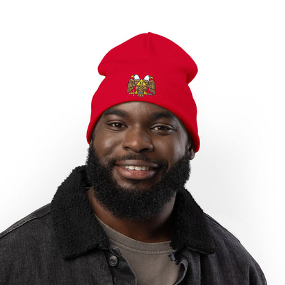 Scottish Rite embroidered knit beanie hat by Printify, featuring detailed Scottish Rite emblem on soft, warm knit fabric.