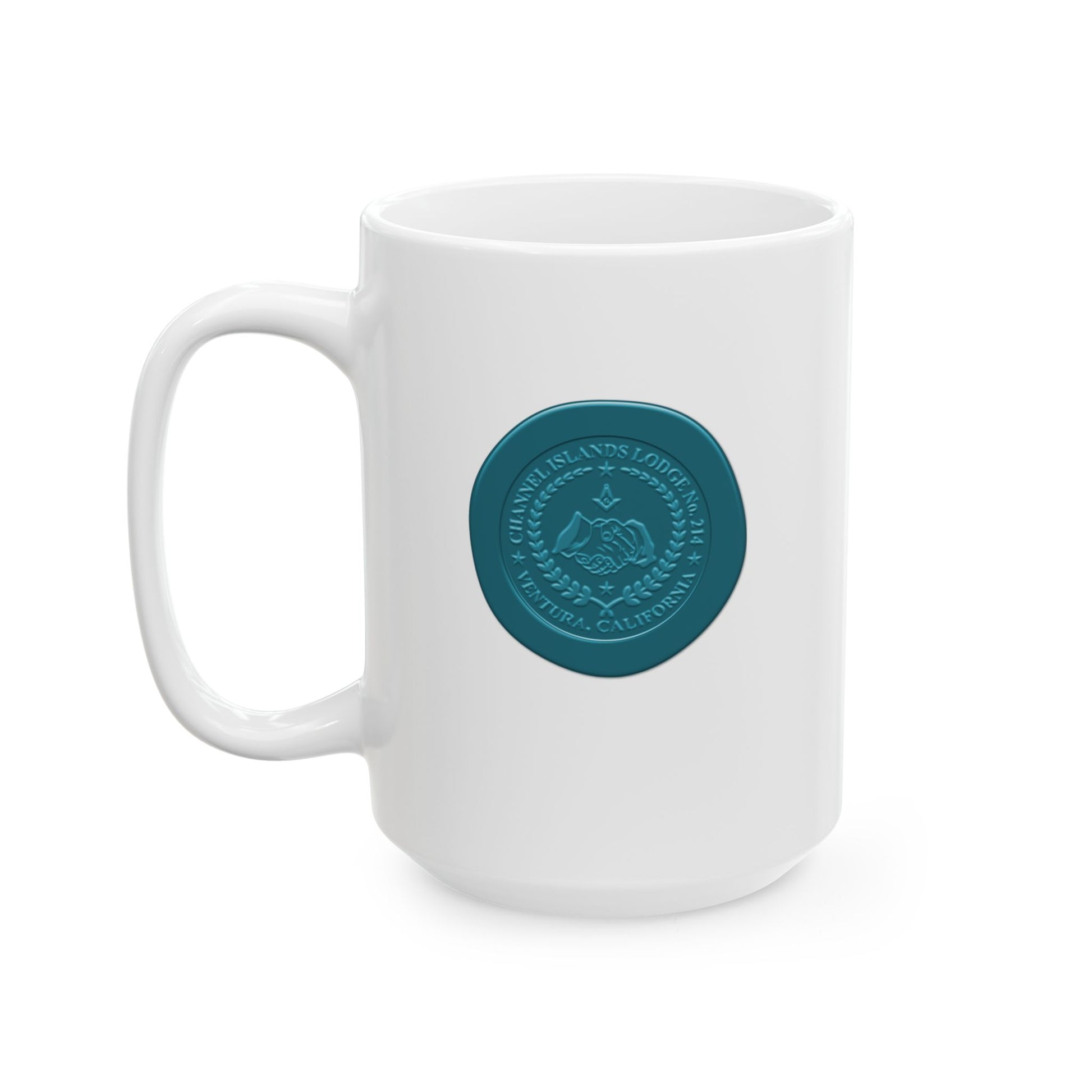 White ceramic mug with two-sided custom wax seal design, Channel Islands Lodge logo, 11oz or 15oz size, by Printify.