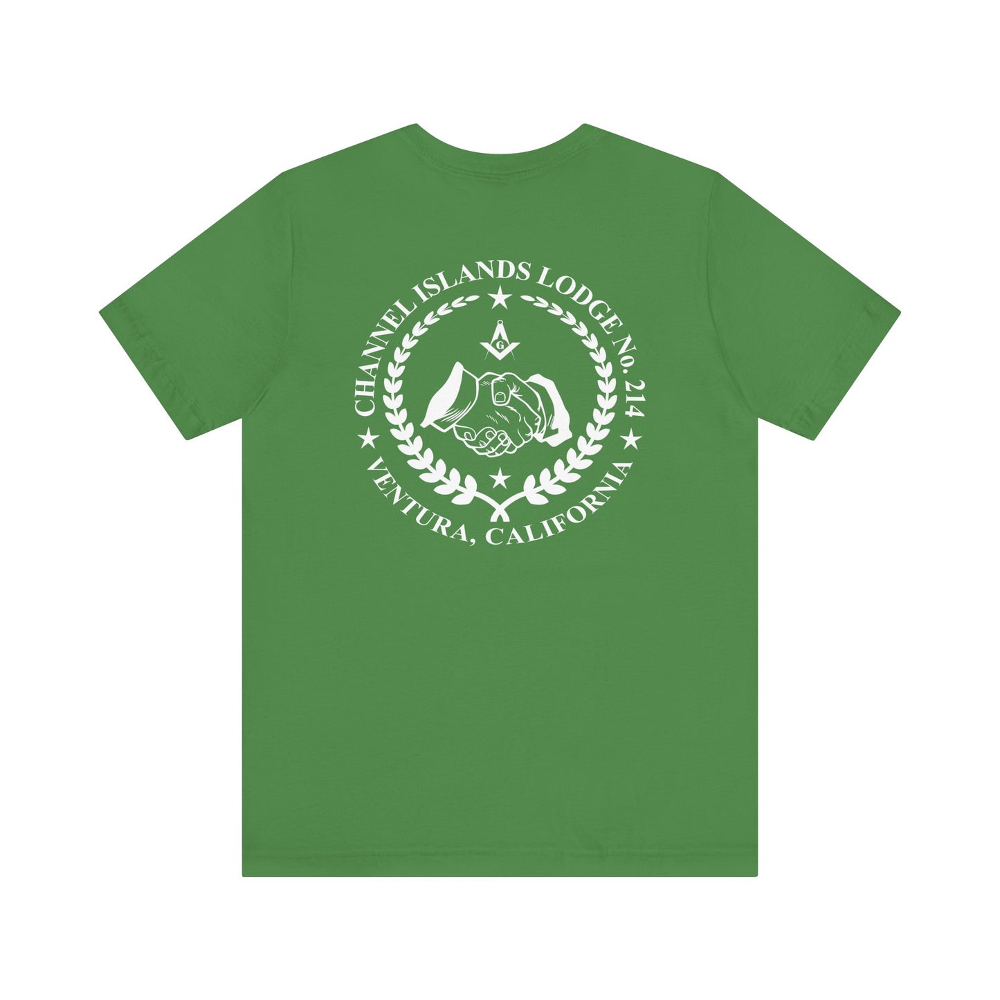 Entered Apprentice T-Shirt from Channel Islands Lodge 214 with blue and green design, made by Printify.