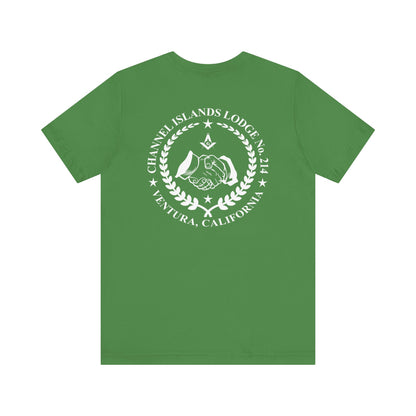 Entered Apprentice T-Shirt from Channel Islands Lodge 214 with blue and green design, made by Printify.