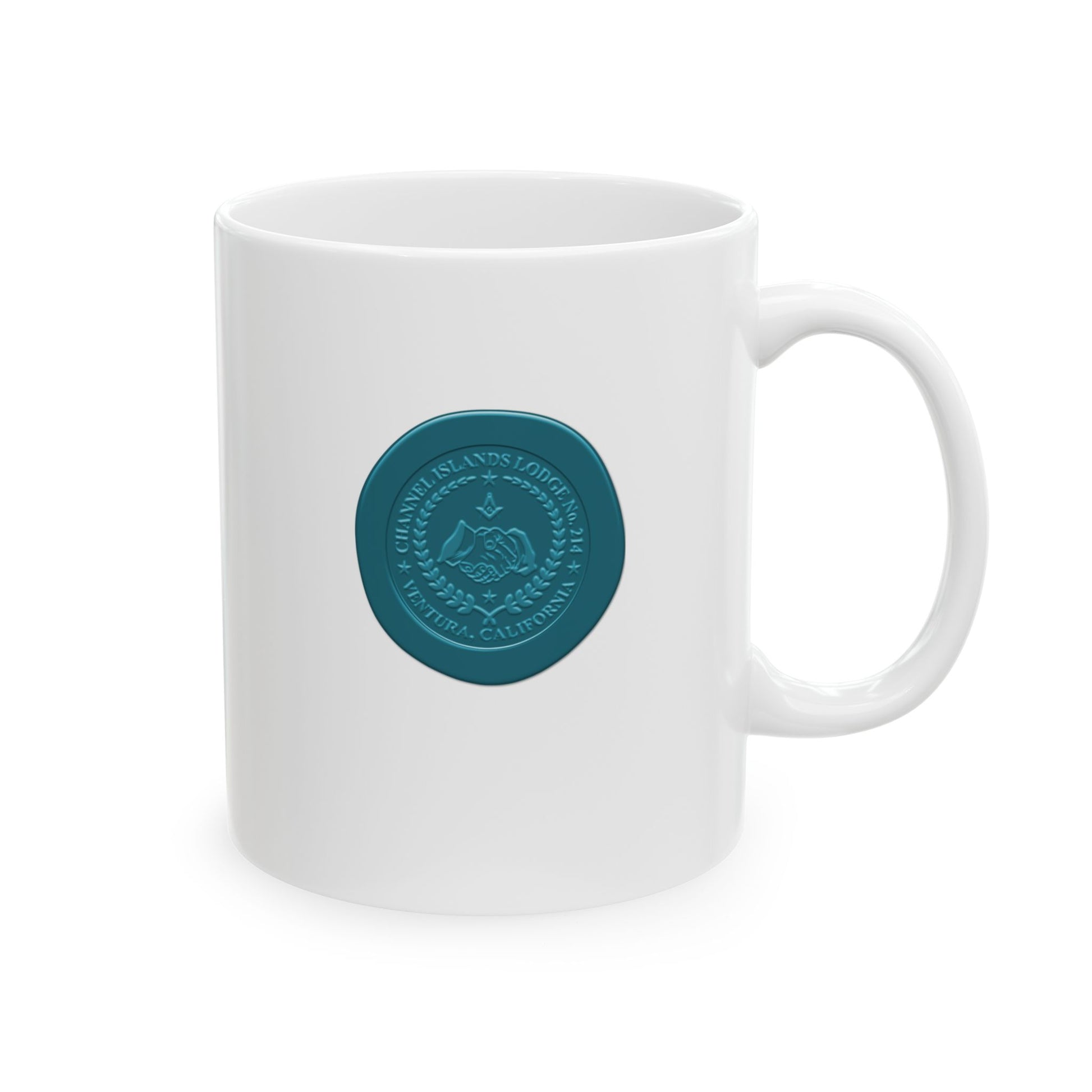 White ceramic mug featuring a Custom Wax Seal Emblem for Channel Islands Lodge, available in 11oz and 15oz sizes.