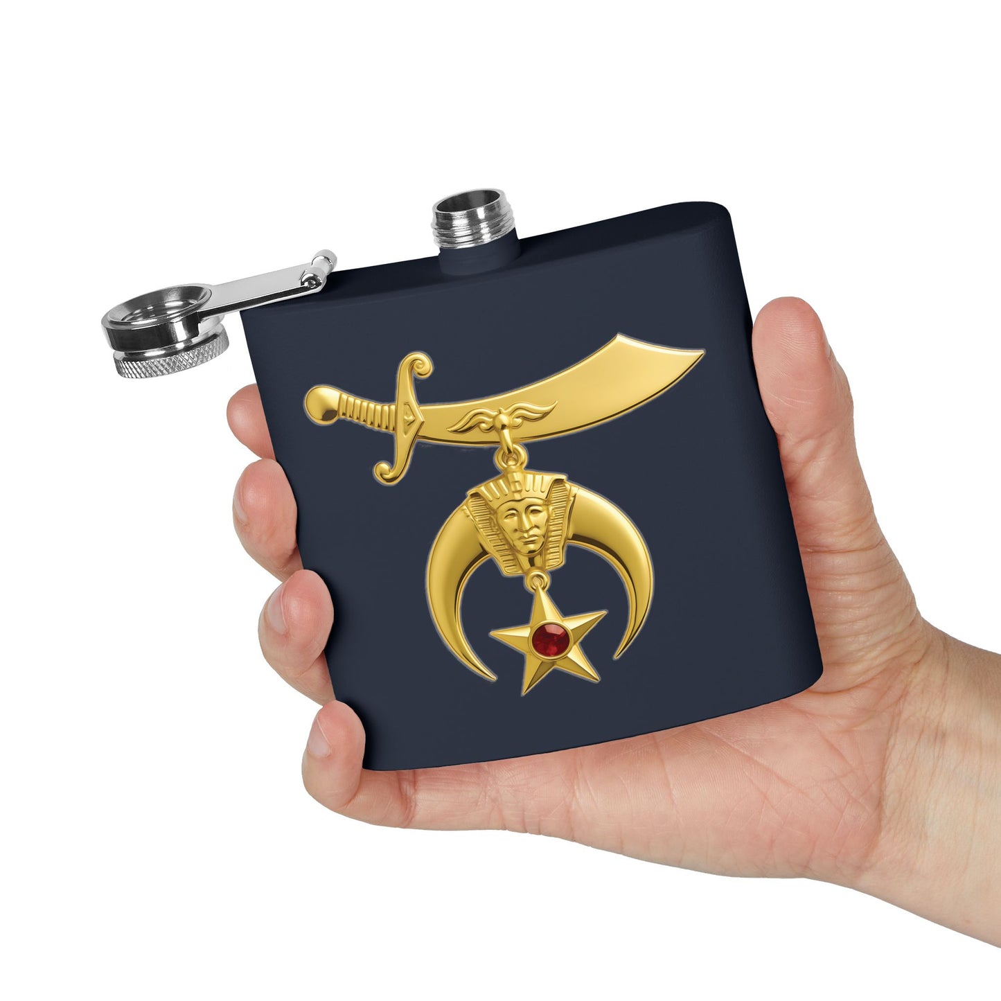 Shriner Stainless Steel Flask - Jeweled Gold Emblem
