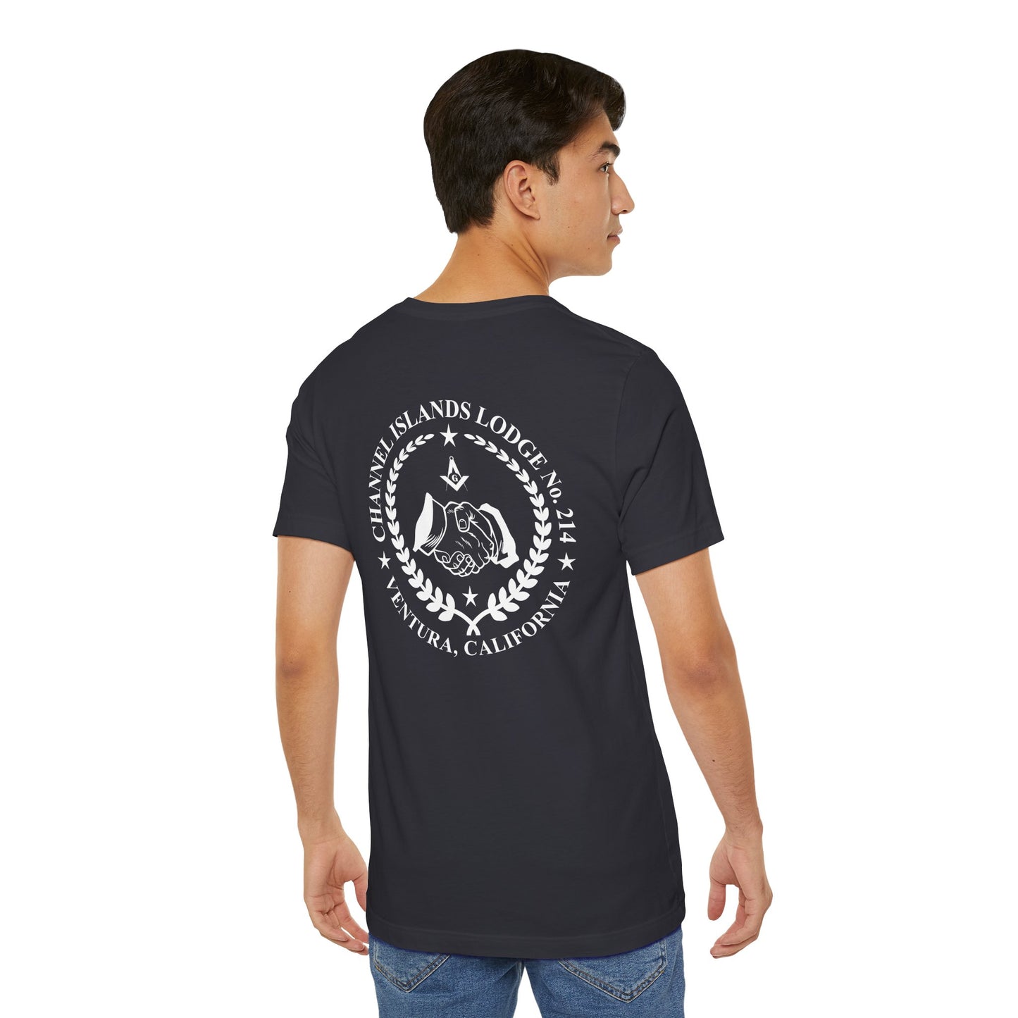 Dark-colored Entered Apprentice T-Shirt from Channel Islands Lodge 214, featuring lodge emblem and detailed design print.