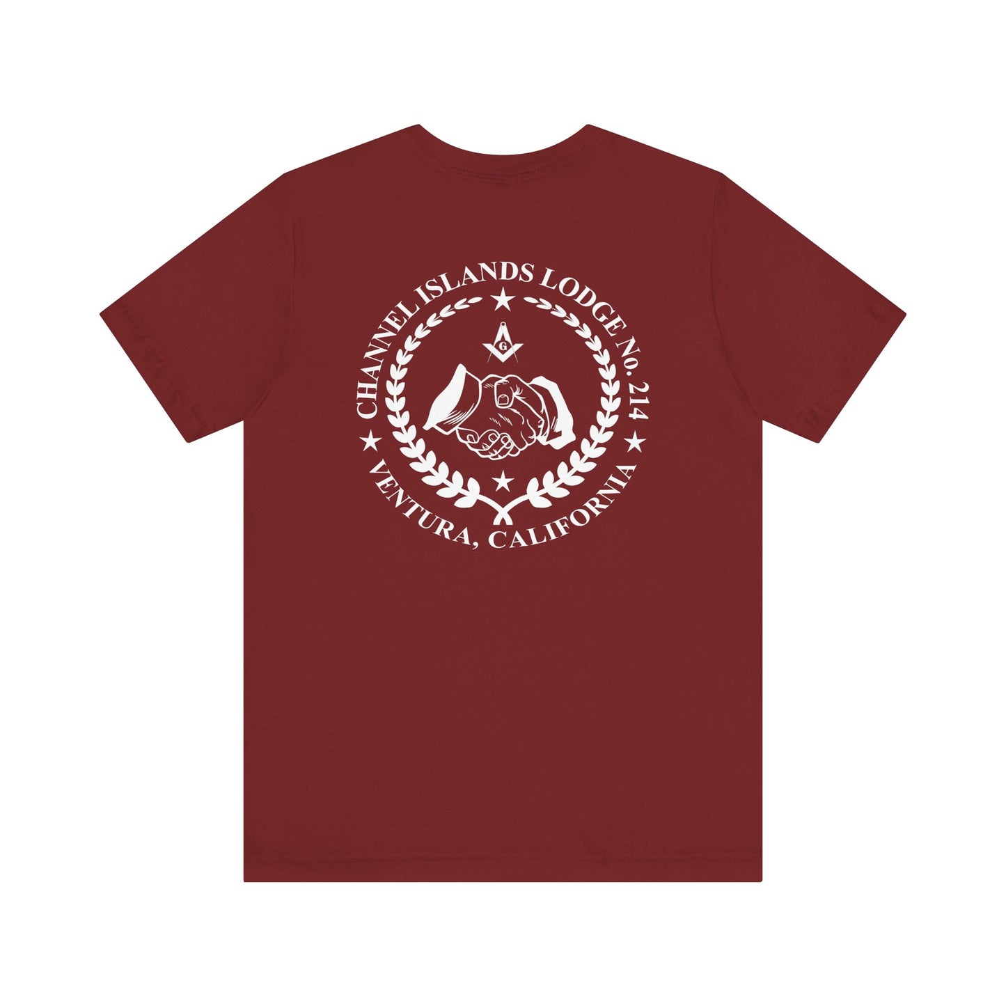 Fellowcraft T-Shirt by Printify featuring Channel Islands Lodge 214 logo on dark-colored fabric, casual and comfortable fit.
