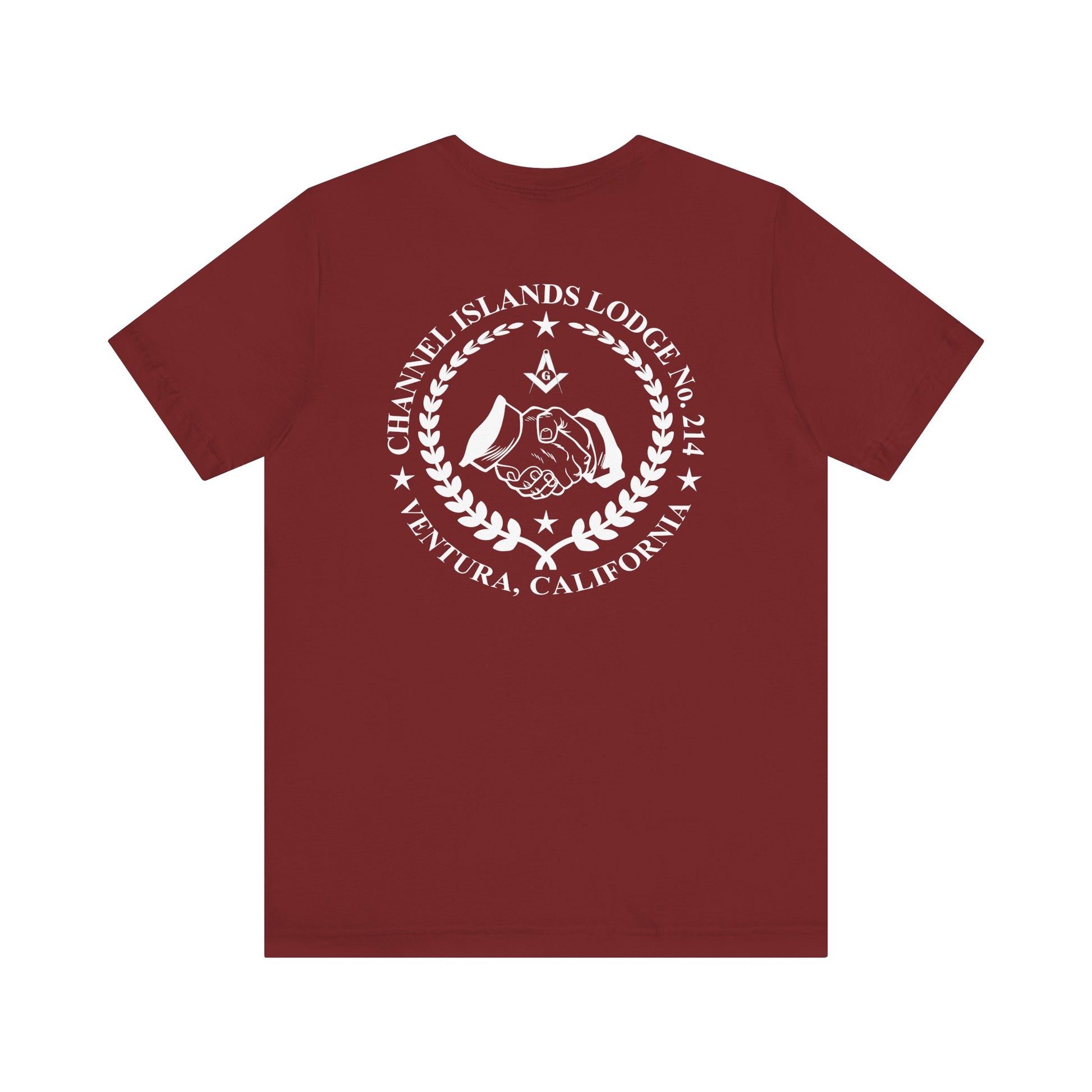 Fellowcraft T-Shirt by Printify featuring Channel Islands Lodge 214 logo on dark-colored fabric, casual and comfortable fit.