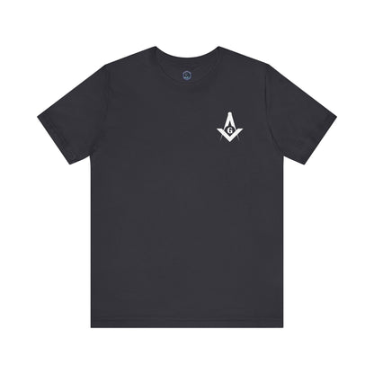 Black Fellowcraft T-Shirt from Channel Islands Lodge 214 by Printify, featuring lodge emblem and dark color design.