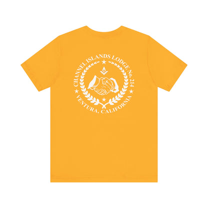 Brightly colored Fellowcraft T-Shirt featuring Channel Islands Lodge 214 logo, made by Printify, displayed on a plain background.
