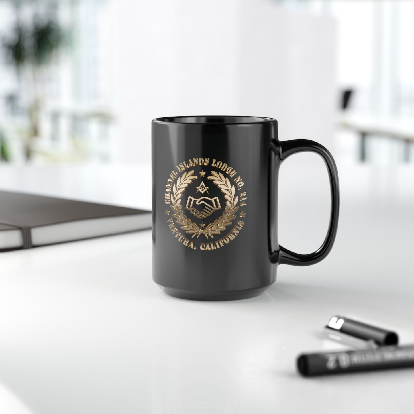 Black coffee mug with 3D gold 2-sided Channel Islands Lodge emblem, available in 11oz and 15oz sizes, by Printify.