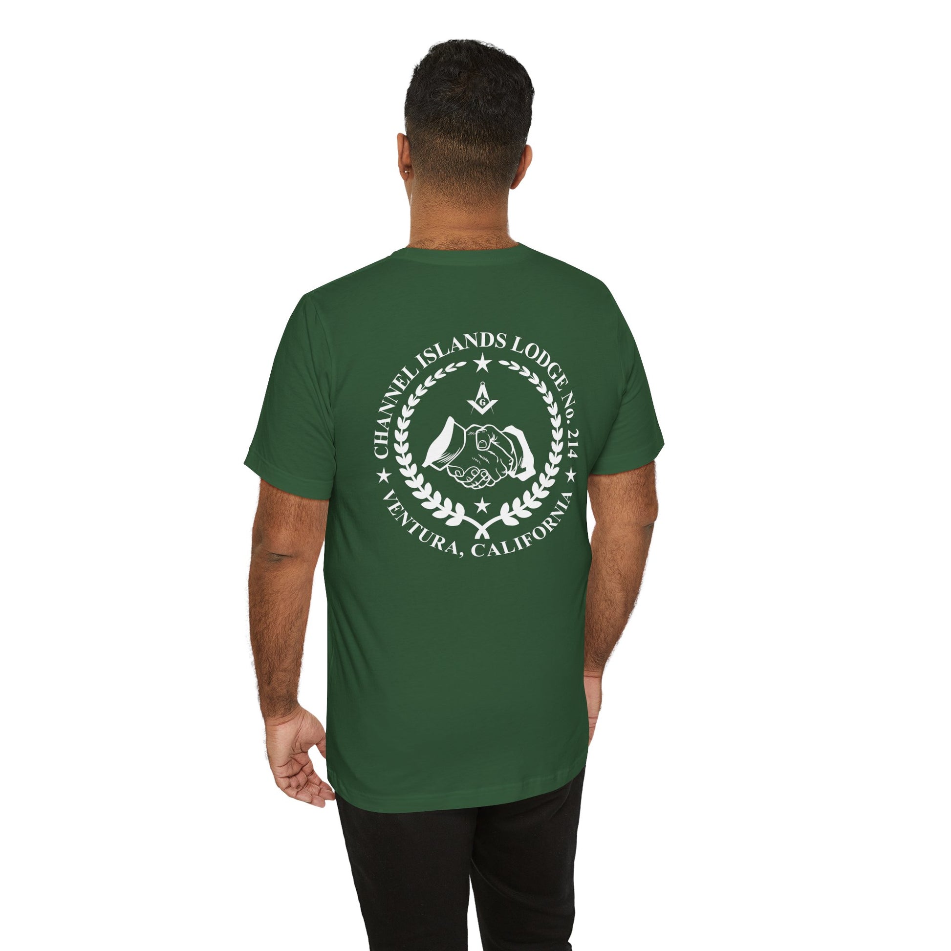 Blue and green Entered Apprentice T-Shirt featuring Channel Islands Lodge 214 logo, printed by Printify.