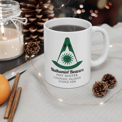 Personalized Past Master Mug - Compass & Quadrant (Green, Sun with Face, Spearhead)