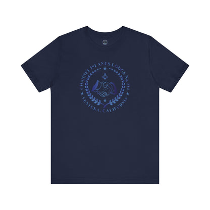 Printify Channel Islands Lodge 214 short sleeve T-shirt in sapphire gradient with a relaxed fit and casual style.