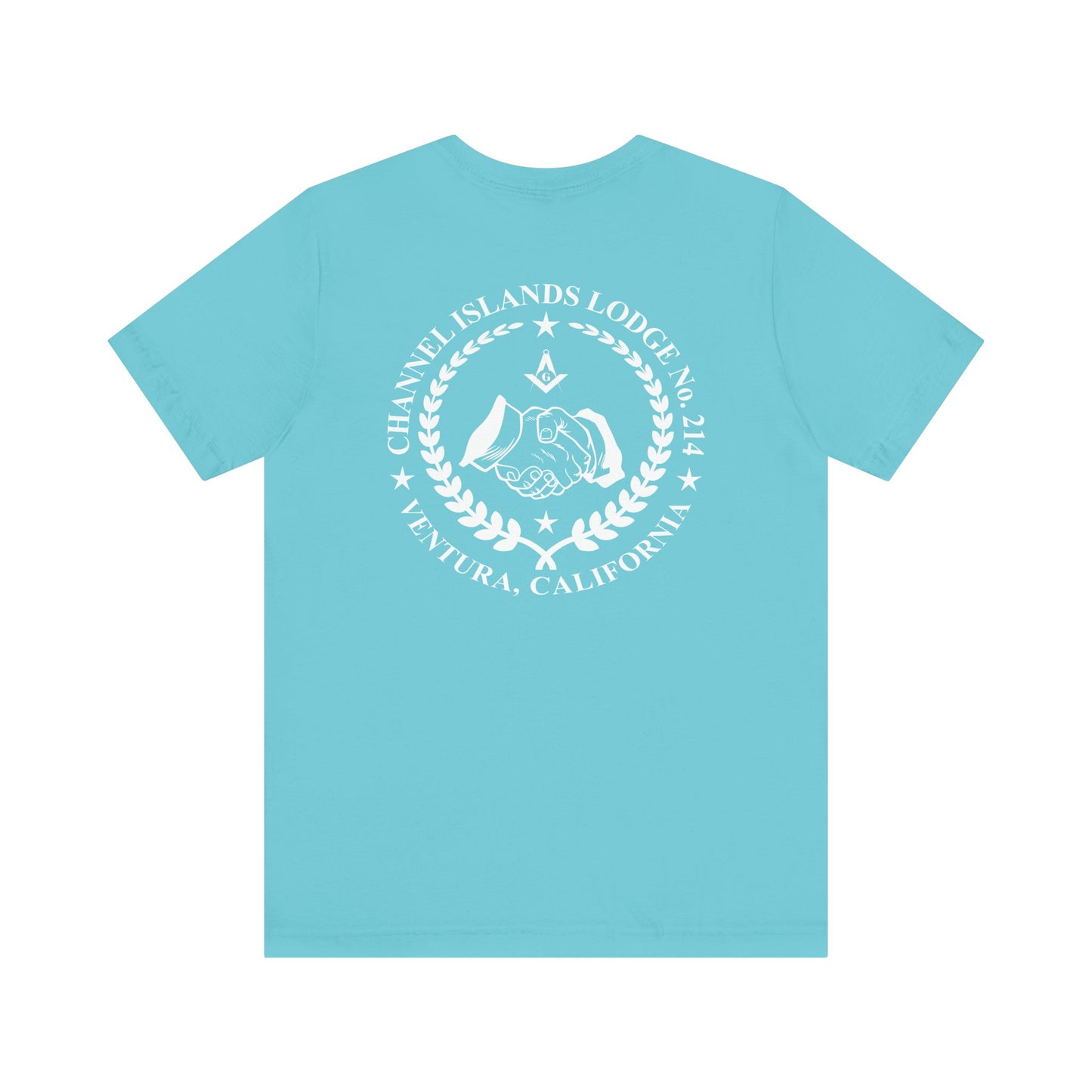 Blue and green Entered Apprentice T-Shirt from Channel Islands Lodge 214 featuring a detailed lodge emblem on the front.