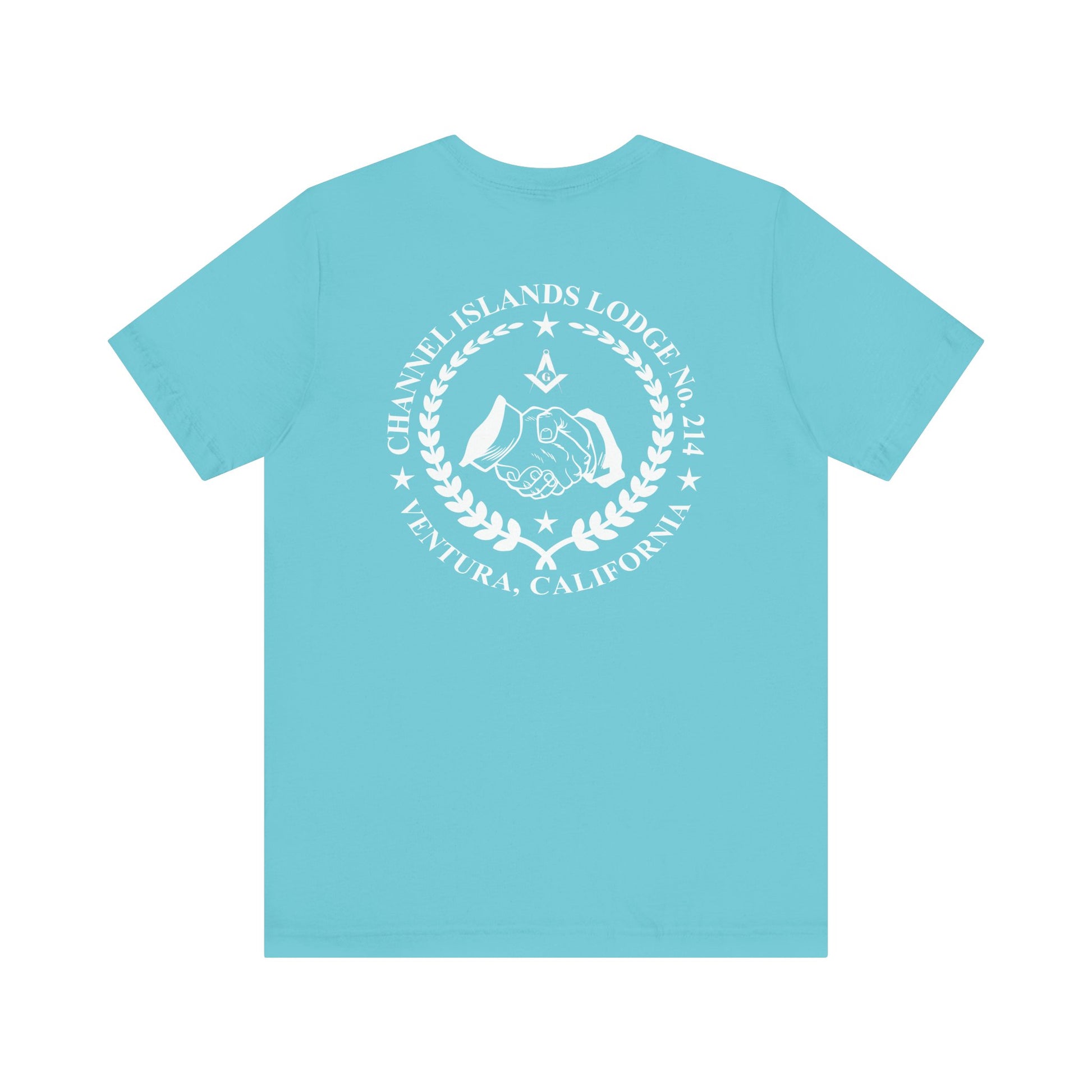 Blue and green Entered Apprentice T-Shirt from Channel Islands Lodge 214 featuring a detailed lodge emblem on the front.