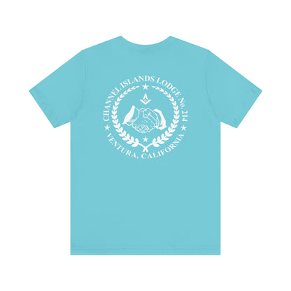 Blue and green Entered Apprentice T-Shirt from Channel Islands Lodge 214 featuring a detailed lodge emblem on the front.