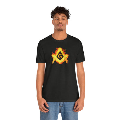 Flaming Square and Compass Short Sleeve T-Shirt - Orange Flames