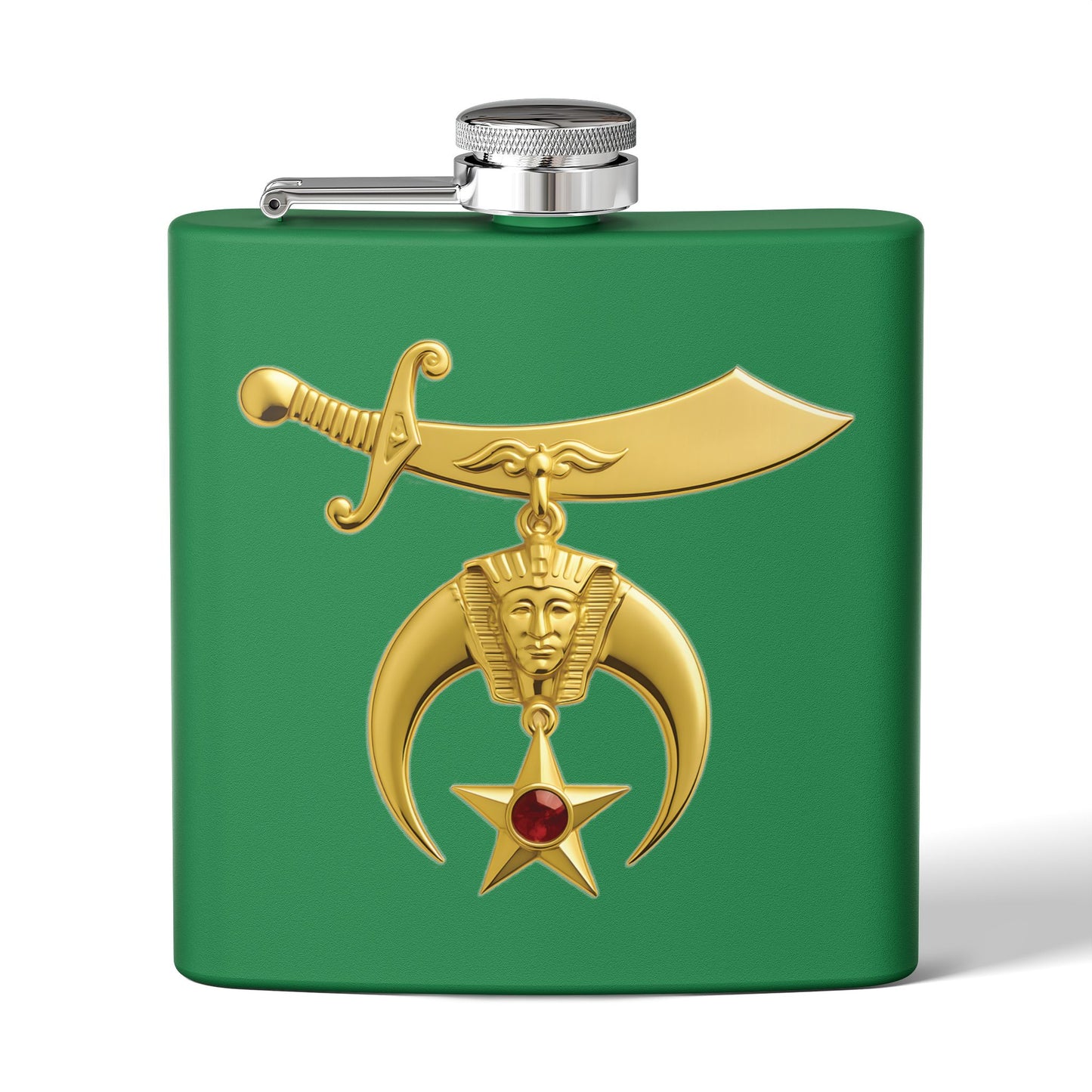 Shriner Stainless Steel Flask - Jeweled Gold Emblem